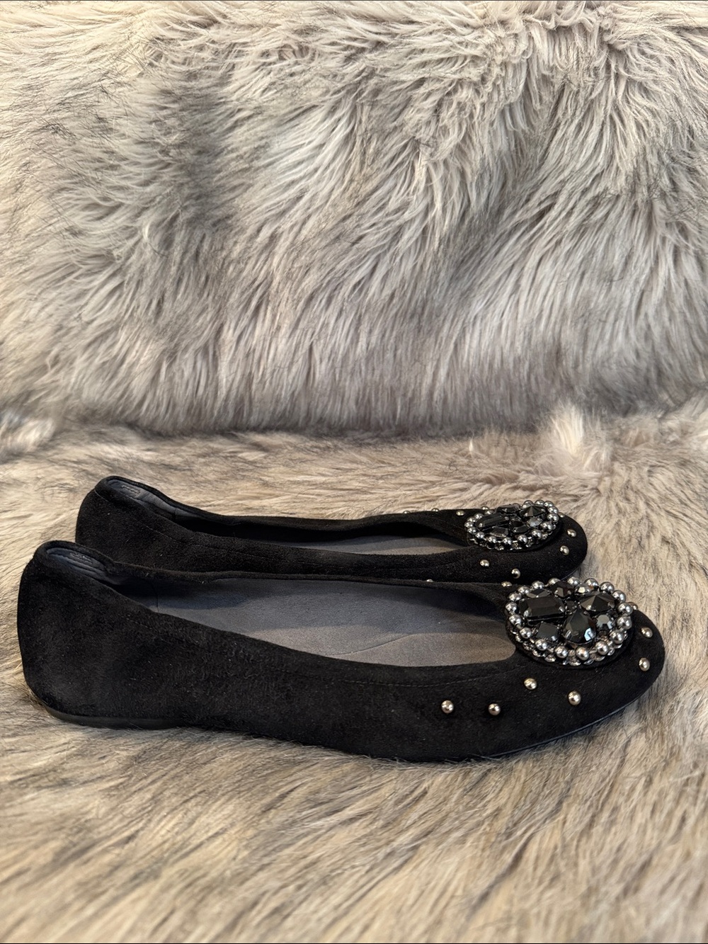 Stuart Weitzman Embellished Black Suede Ballet Flats Size 10